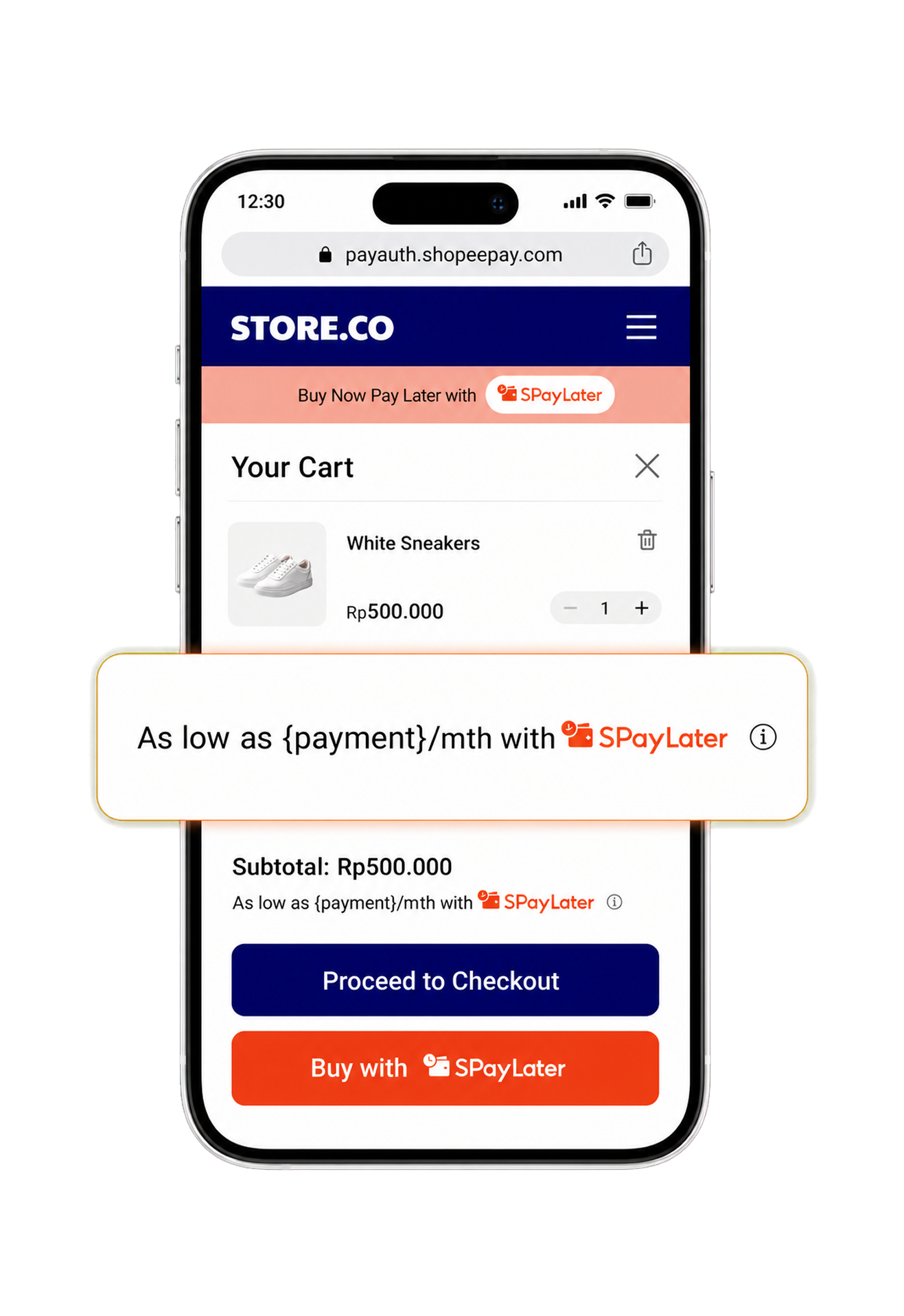 Mobile cart page — instalment messaging at checkout