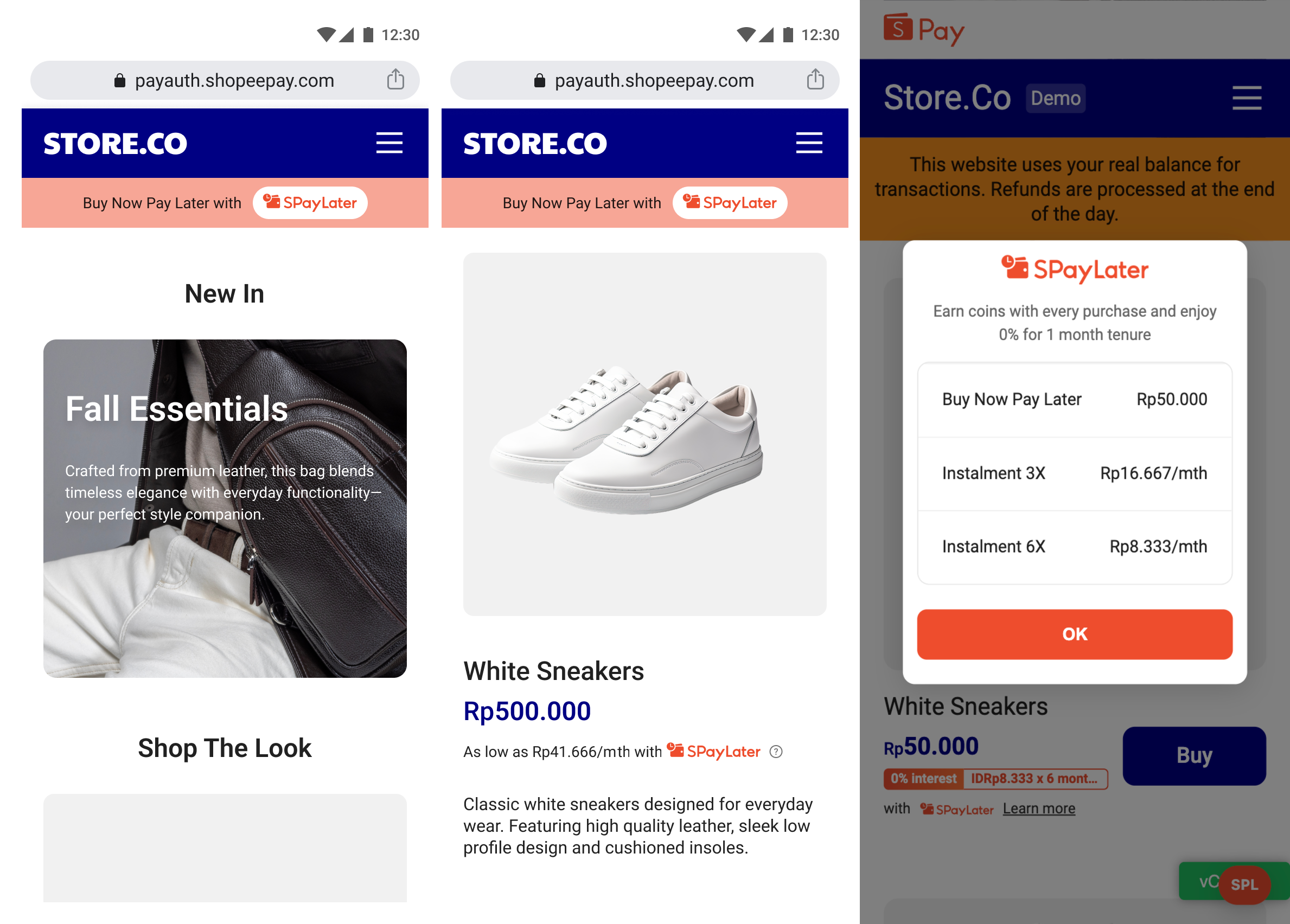 Mobile web SPayLater promotional widget — homepage, category/listing page, and instalment pop-up