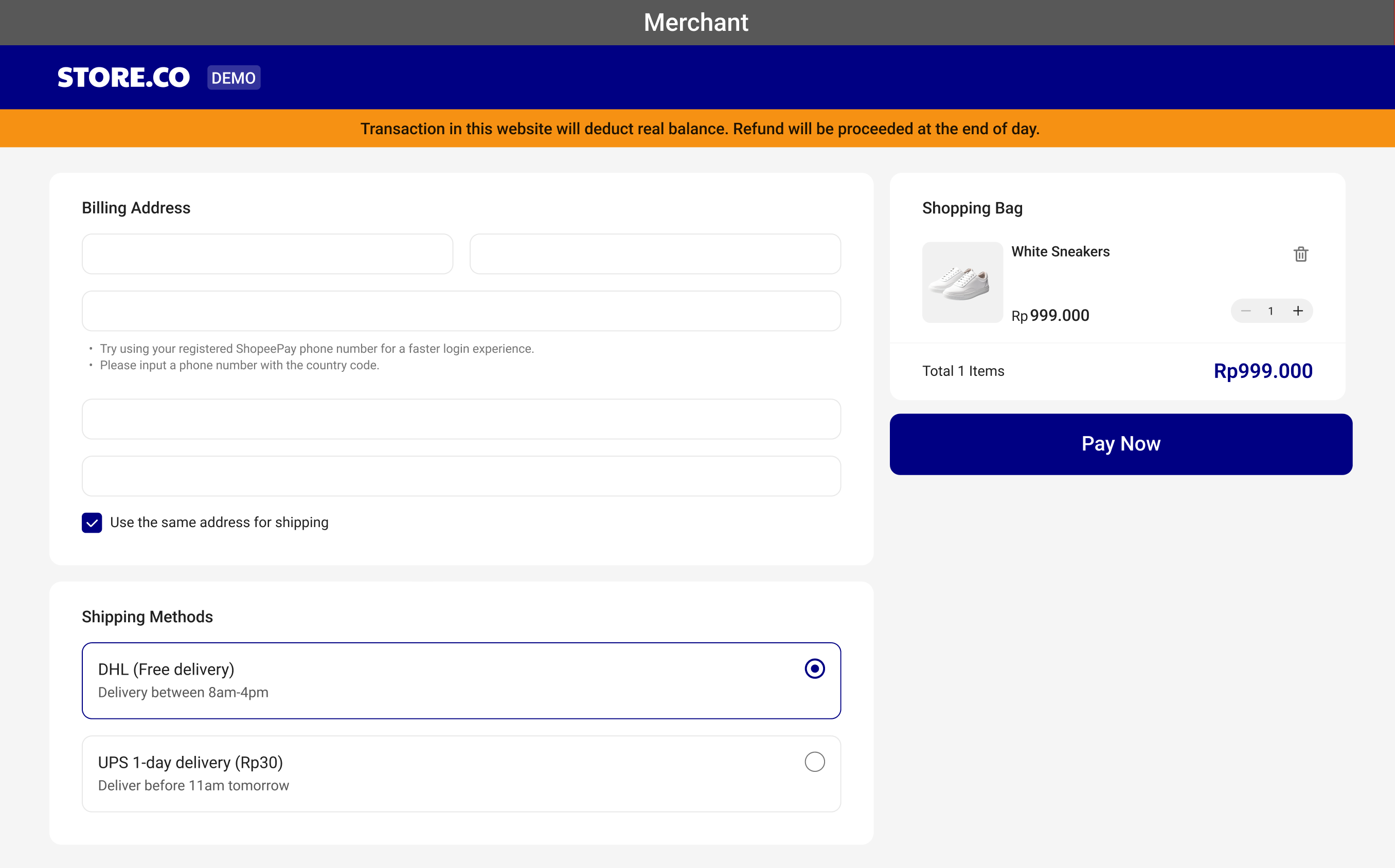 ShopeePay Payment Gateway PC web flow step 1